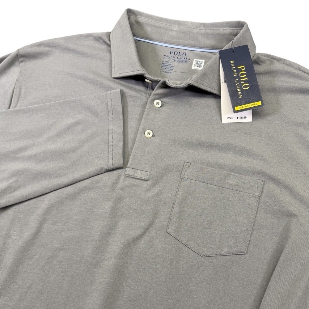 NEW Polo Ralph Lauren Polo Shirt Mens Large Grey Performance Long Sleeve Pocket